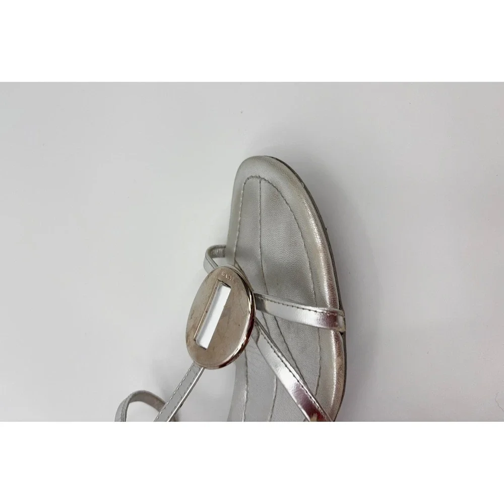 B5 Prada Metallic Leather Wedge Sandals 9.5 Silver T-Strap Medallion Strappy - Picture 11 of 14